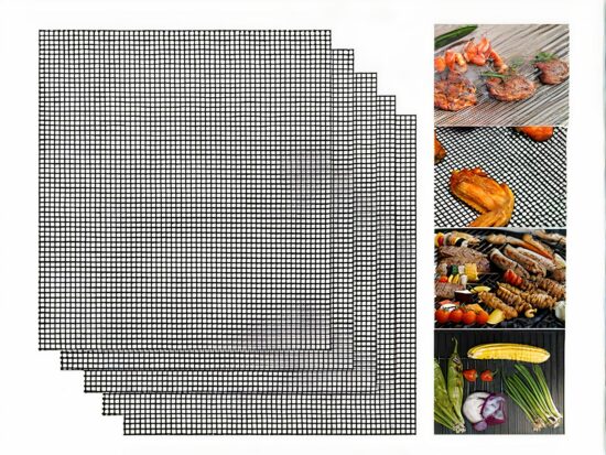 tapis de barbecue en maille noir et petites images de plats cuisinés