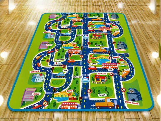 tapis coloré et illustré d'un circuit de voiture enfantin et ludique