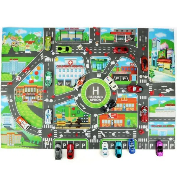 un tapis circuit de voiture coloré avec un rond point et des routes
