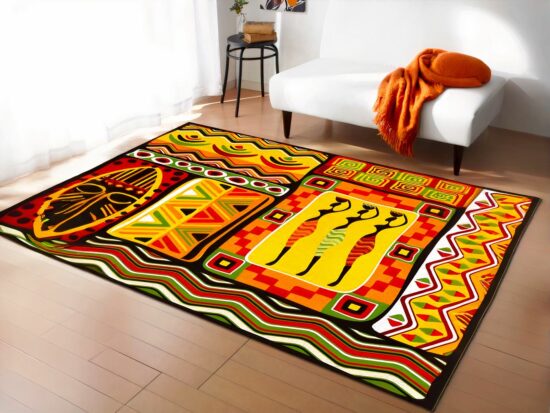 tapis avec motif africain coloré devant un canapé blanc