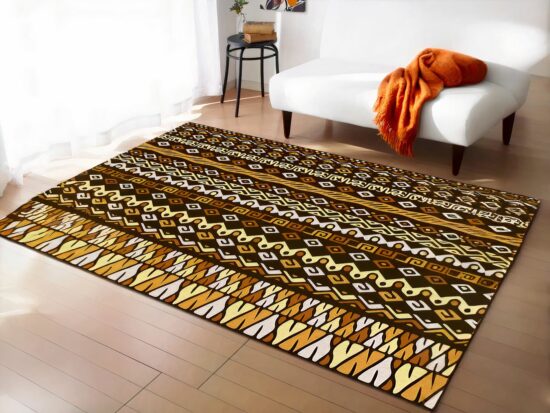 tapis africain motif ethnique devant un canapé blanc