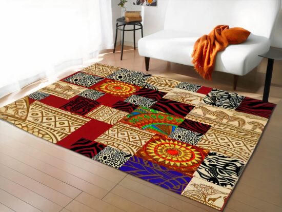 tapis africain motifs traditionnels dans un sallon devant un canapé blanc