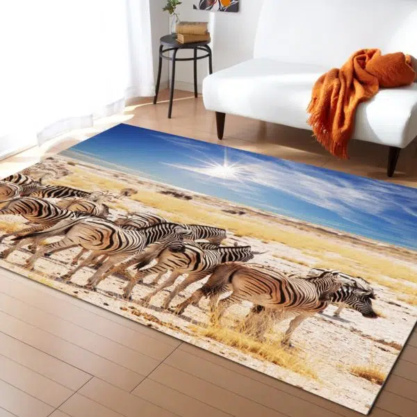 tapis africain zebres dans la savane dans un sallon devant un canapé blanc