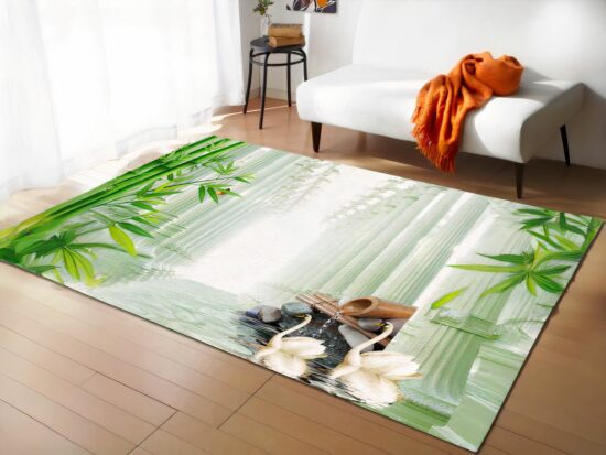 Tapis bambou forêt dans un sallon devant un canapé blanc