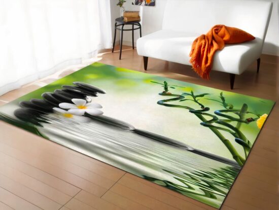 Tapis bambou galletes dans un sallon devant un canapé blanc