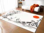Tapis bambou montagne japonaise dans un sallon devant un canapé blanc