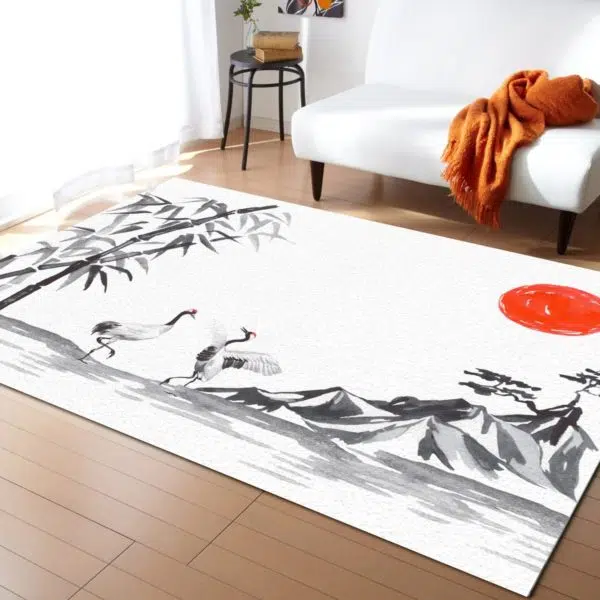 Tapis bambou montagne japonaise dans un sallon devant un canapé blanc