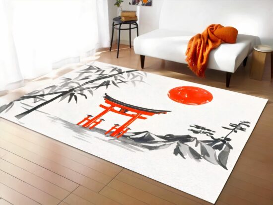 Tapis bambou temple japonais dans un sallon devant un canapé blanc