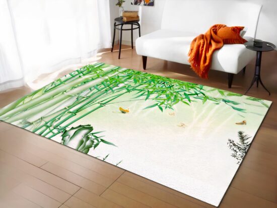Tapis chinois bambu dans un sallon avec canapé blanc