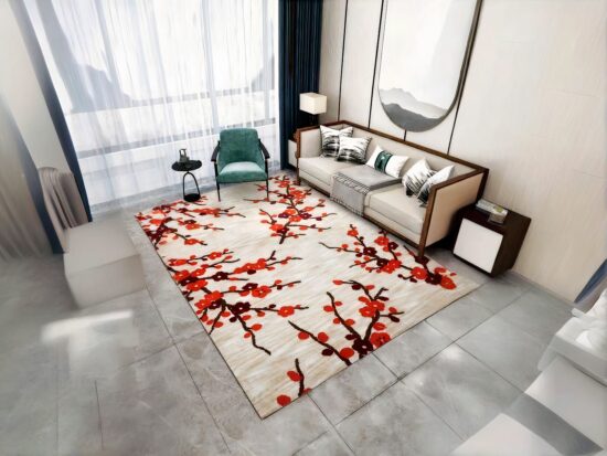 Tapis chinois feuilles de cerise dans un sallon avec un canapé et une chaise
