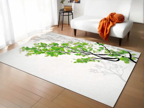 Tapis chinois feuilles vertes dans un sallon avec canapé blanc
