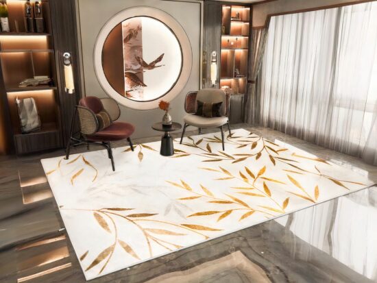 Tapis chinois feuils dorés dans un sallon avec un mirroir rond