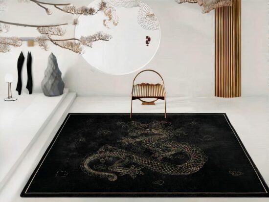 Tapis chinois motif dragon centrale avec une chaise et un mirroir