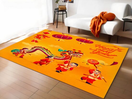 Tapis chinois nouvelle an dans un sallon avec un canapé blanc