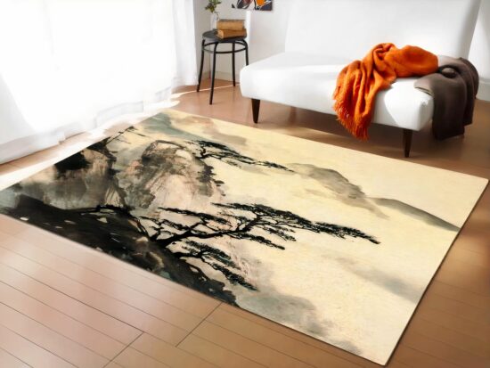 Tapis chinois paysage dans un sallon avec un canapé blanc