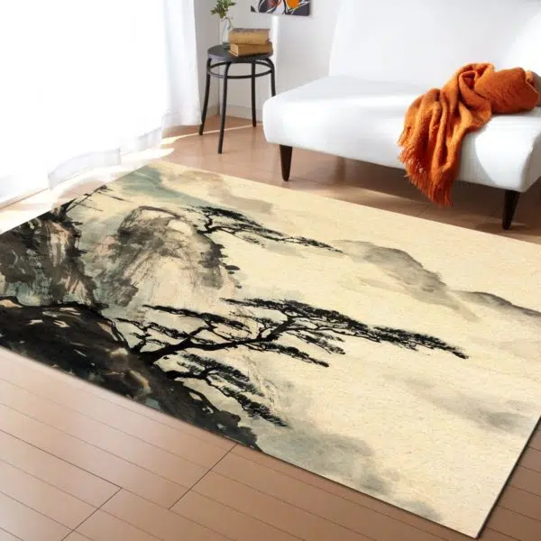 Tapis chinois paysage dans un sallon avec un canapé blanc