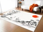 Tapis chinois peinture traditionnel devant un canapé blanc dans un sallon