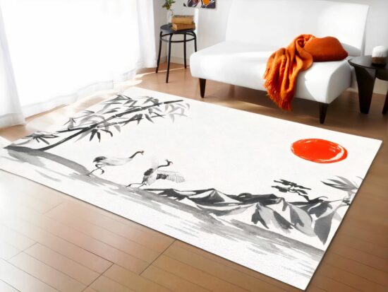 Tapis chinois peinture traditionnel devant un canapé blanc dans un sallon