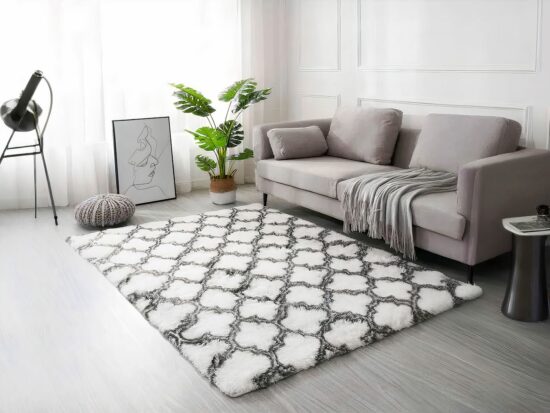 Tapis cocooning aux formes géométriques devant canapé gris avec plante verte devant une fenetre