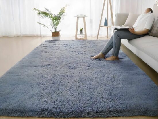 Tapis cocooning gris tout mignon avec une plante verte devant la fenetre