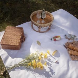 Tapis de jardin avec petite table en bois , bouquet de jonquilles au sol et panier de pique nique
