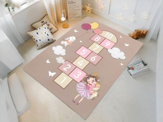 Tapis de jeu avec marelle et princesse sur fond marron