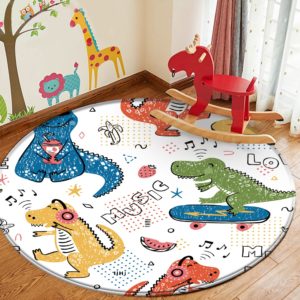 tapis rond avec motifs dinossaure avec cheval en bois dans une chambre