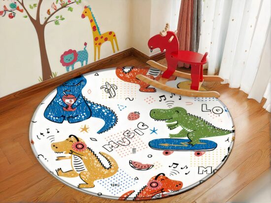 tapis rond avec motifs dinossaure avec cheval en bois dans une chambre