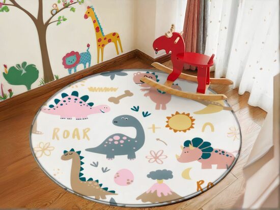 tapis rond avec motifs dinossaure avec cheval en bois dans une chambre