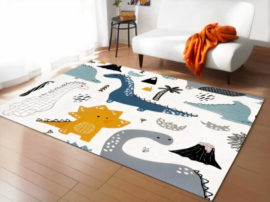 tapis rectangulaire avec motifs dinosaure colorés devant un canapé