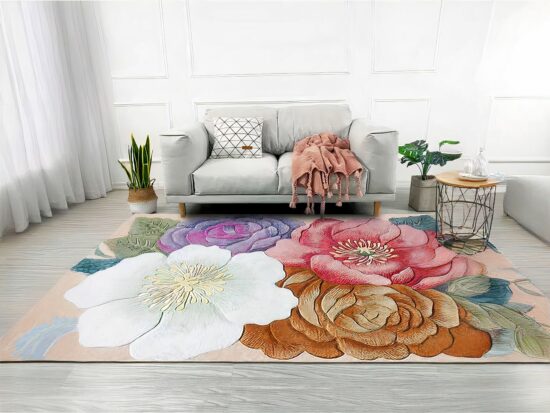 Tapis floral classique et élégante dans un gros sallon avec un canapé gris