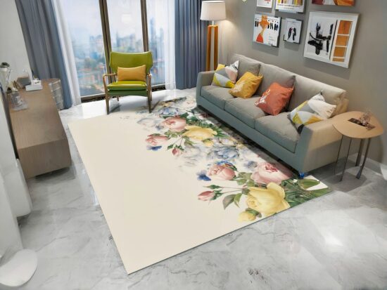 Tapis floral motif jardin coloré dans un sallon avec canapé gris