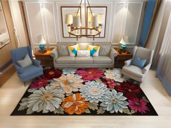 Tapis floral style européen fond noir dans un sallon avec plafonnier et canapés