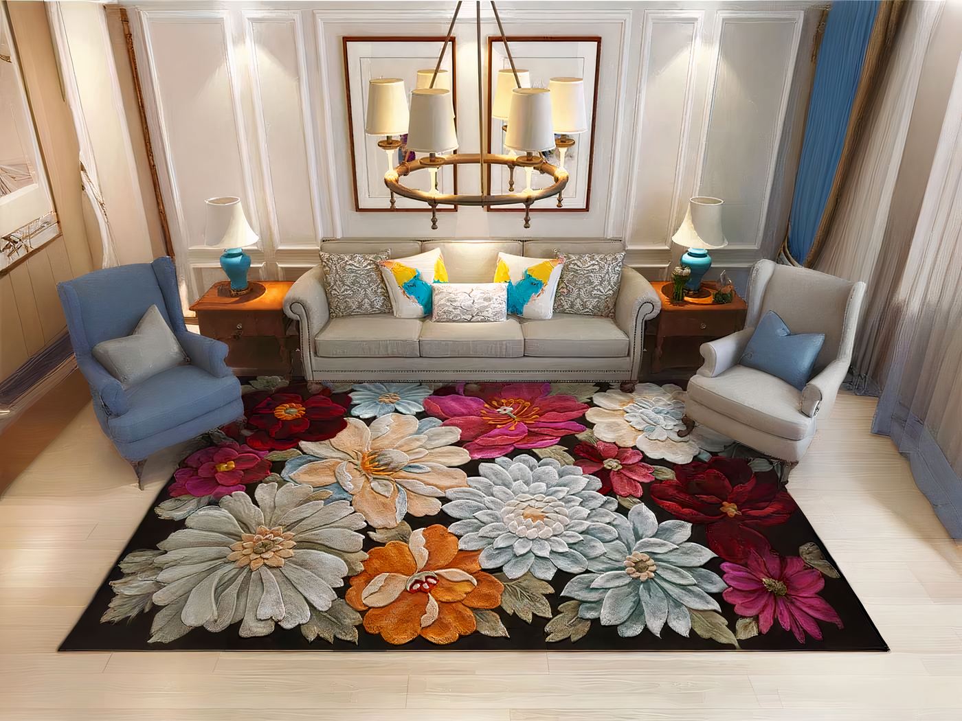 Tapis floral style européen fond noir • Tapis Modernes