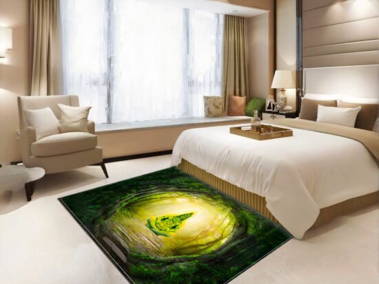 Tapis indien Bouddha dans la forêt dans une chambre d'hotel avec lit et chaise a coté d'une fenetre