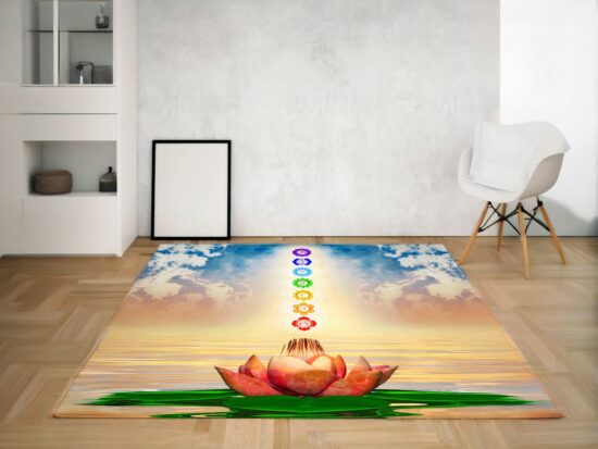 Tapis indien fleur de lotus dans un sallon avec chaise et tableau