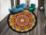 Tapis indien mandala avec canape bleu devant fenetres