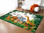 Tapis lion avec animaux dans la jungle dans un sallon avec canapé blanc
