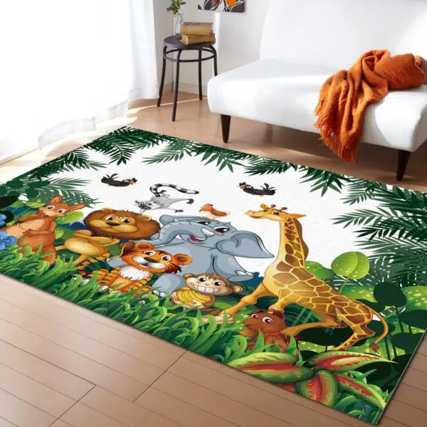 Tapis lion avec animaux dans la jungle dans un sallon avec canapé blanc