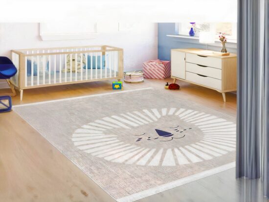 Tapis lion endormi dans une chambre de bébé a coté d'un lit