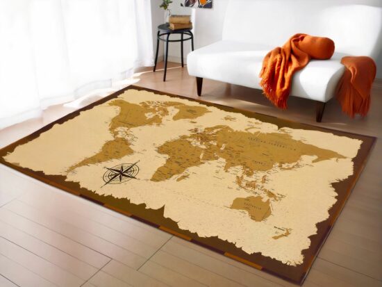 Tapis mappemonde parchemin dans un sallon avec canapé blanc