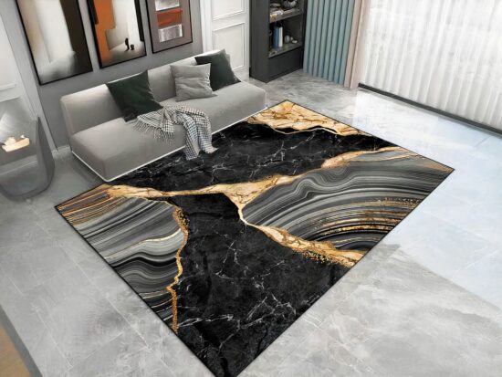 Tapis marbre coloré anti derrapant dans un sallon avec canapé gris
