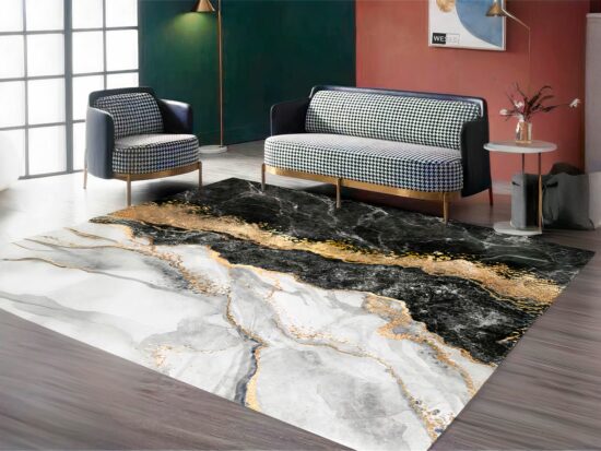 Tapis marbre style nordique avec canapé gris