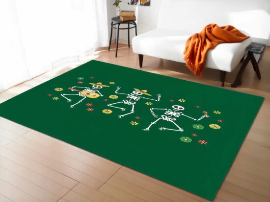 Tapis mexicain squelette dansant dans un sallon avec canapé blanc