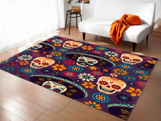 Tapis mexicain tete de mort floral dans un sallon avec canapé blanc