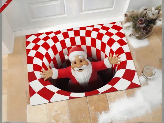 Tapis noël pere noël 3D devant une porte blanche