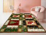 Tapis noël style papier cadeau dans un sallon rose avec canapé et chaise