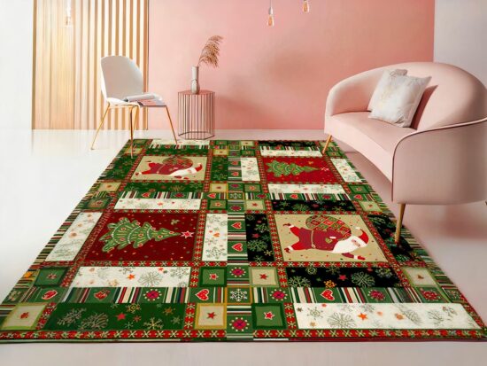 Tapis noël style papier cadeau dans un sallon rose avec canapé et chaise