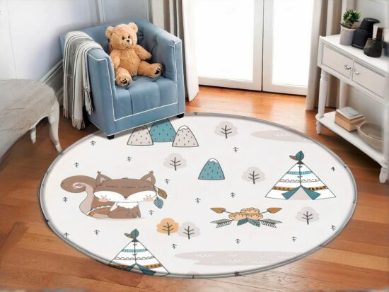 Tapis renard amérindien avec canapé bleu et ours en peluche
