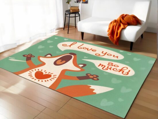 Tapis renard i love you dans un sallon avec canapé blanc